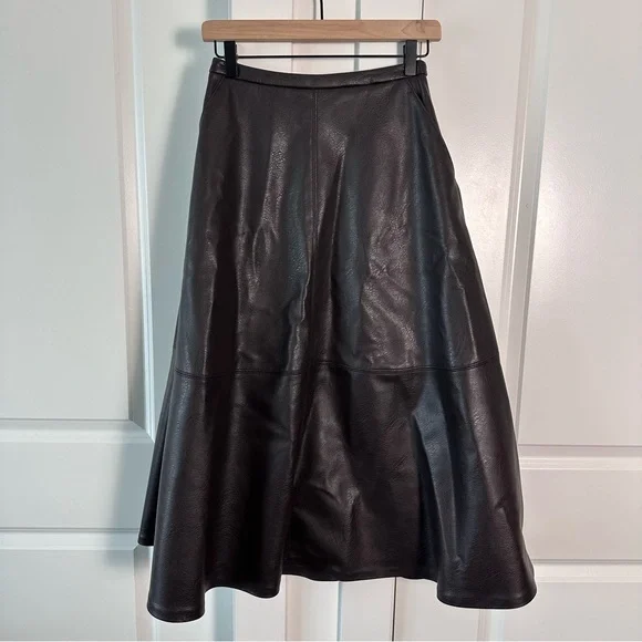H&M Edition (2) Chocolate Brown Coated Leather Look Skirt- A Line Midi Length - Picture 3 of 9